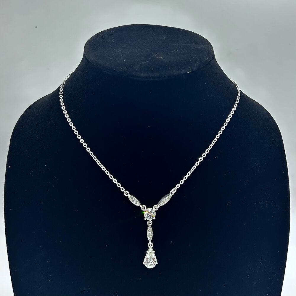 Vintage Napier Rhinestone Silver Tone Teardrop Y Drop Necklace Costume Jewelry
